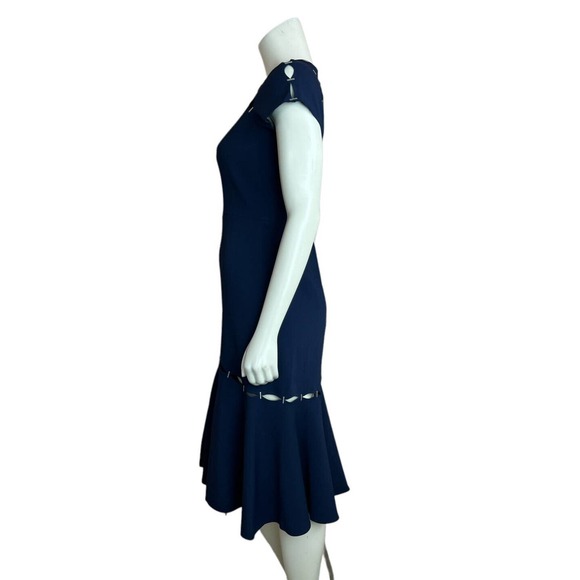 NEW Jonathan Simkhai Stapled Crepe Dress Slashed Blue Flounce Hem Cutout Slit 6 - Picture 3 of 12